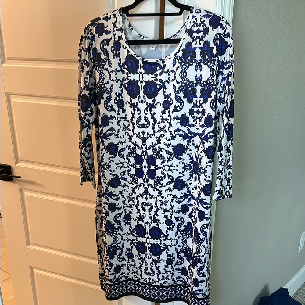 Jean Pierre Elegant Long Sleeve Dress in Blue and White